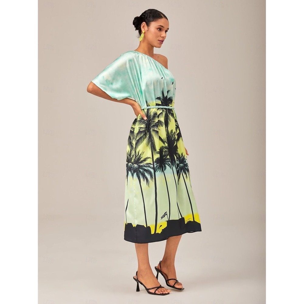 Ador Beach‎ Vibes Asymmetrical Maxi Dress Coconut Palm Print SMALL NWT
